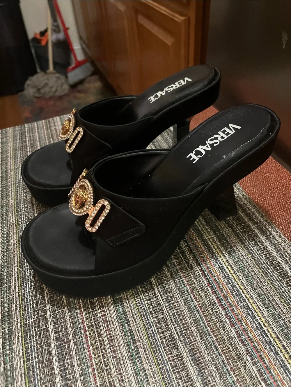 Versace Black Platform Slide Sandals with Gold Medallion Accent - Picture 1 of 8